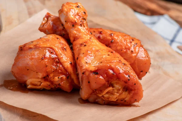 Raw marinated chicken drumsticks, featuring vibrant spices and herbs, highlighting quality and flavor from Royal Halal Meat